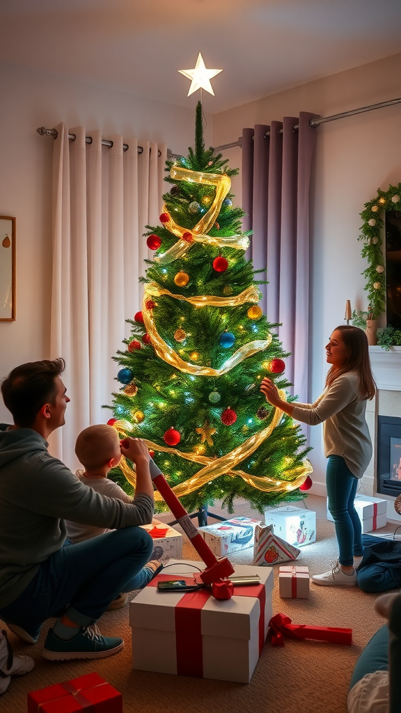 A family decorating a Christmas tree together, surrounded by gifts.