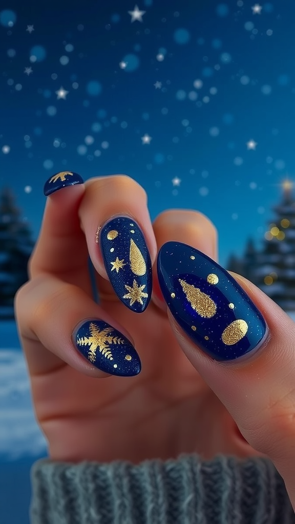 Nails painted deep blue with gold designs, resembling a starry night sky.