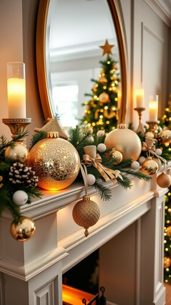 A beautifully decorated mantel with shimmering gold ornaments, candles, and a Christmas tree in the background.