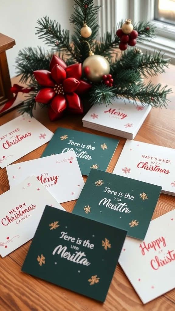 A collection of festive holiday cards arranged with red flowers and ornaments on a wooden table.