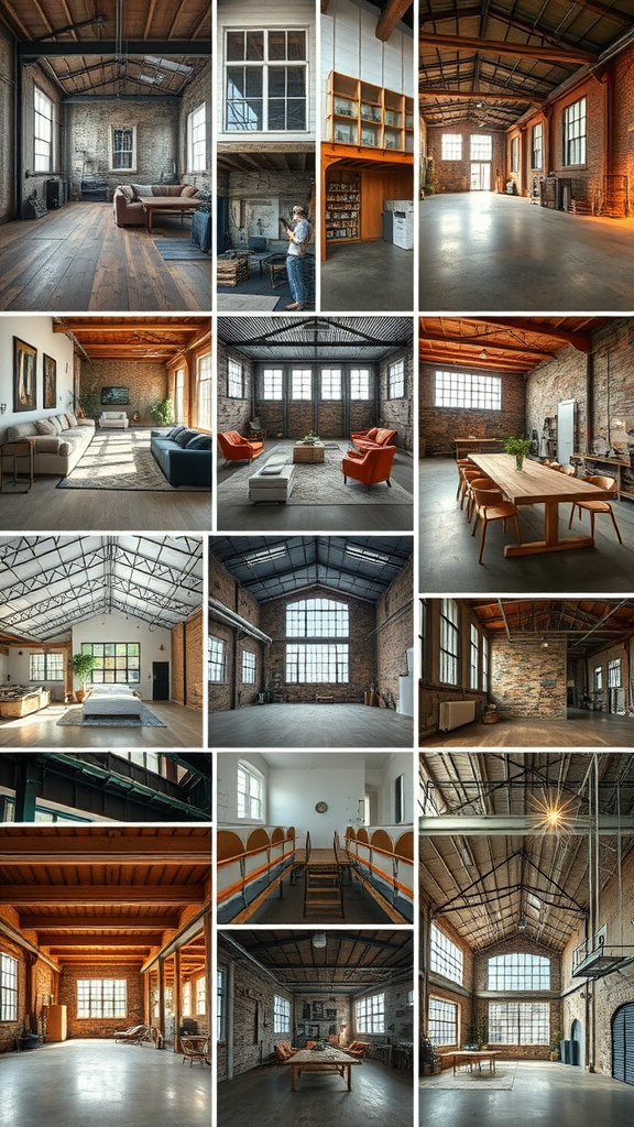 Collage of various warehouse interior designs showcasing modern and industrial elements.