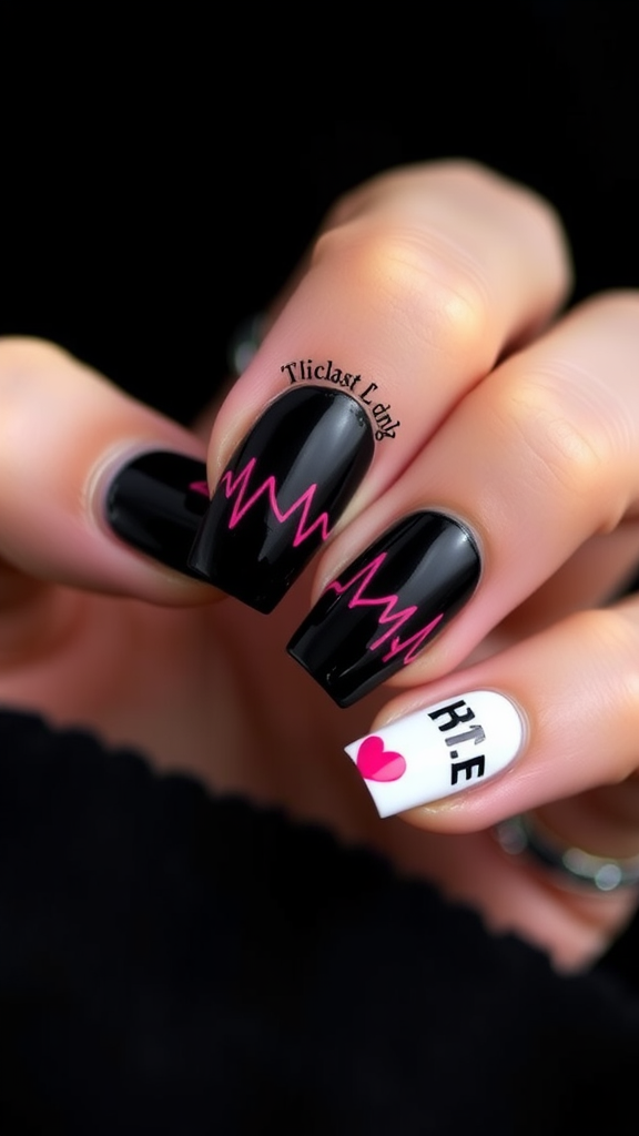 Close-up of black nails with pink heartbeat lines and a white nail featuring a heart and the word 'RIE'.