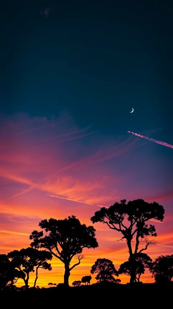 Silhouettes of trees against a vibrant sunset sky with a crescent moon
