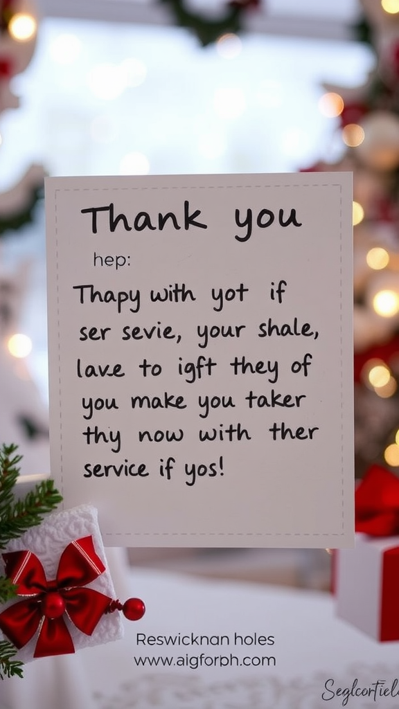 A handwritten thank you note for service workers decorated with festive elements.