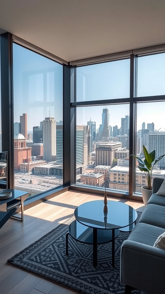 Interior view of a modern apartment with large windows showcasing a city skyline.