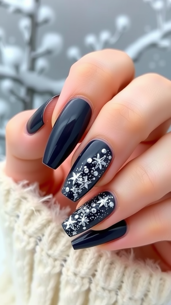 Nails painted in sleek charcoal with silver glitter and snowflake designs