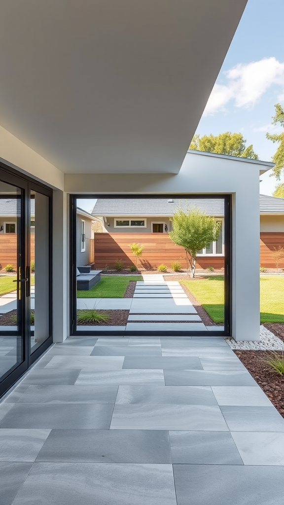 View from the entrance of a contemporary bungalow showing a landscaped garden and patio.