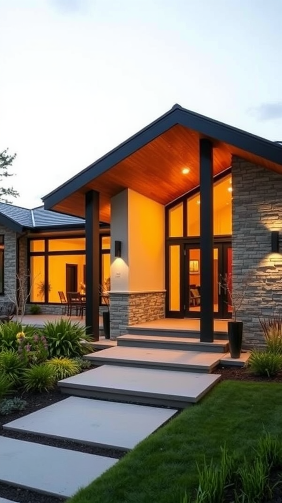 Modern home entrance with stone walls and wooden roof accents.