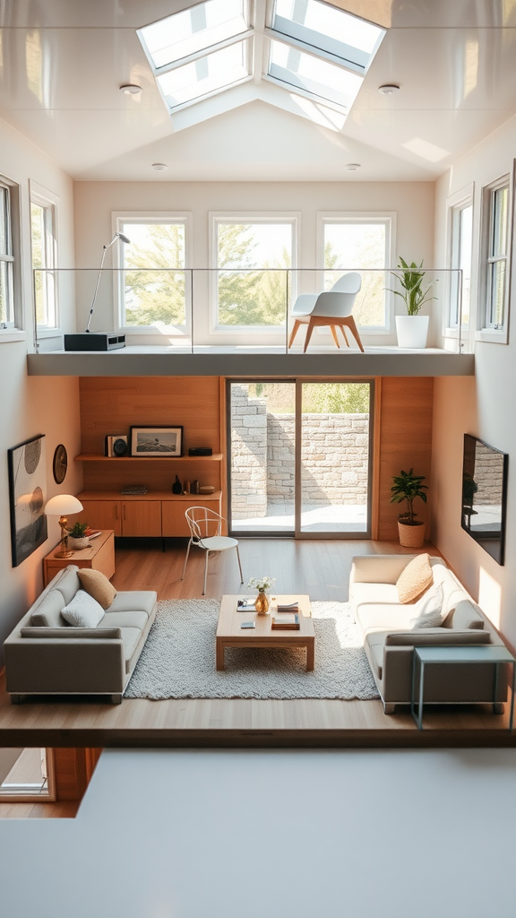 A beautifully designed minimalist living room with large windows, light wood flooring, and neutral-colored furniture.