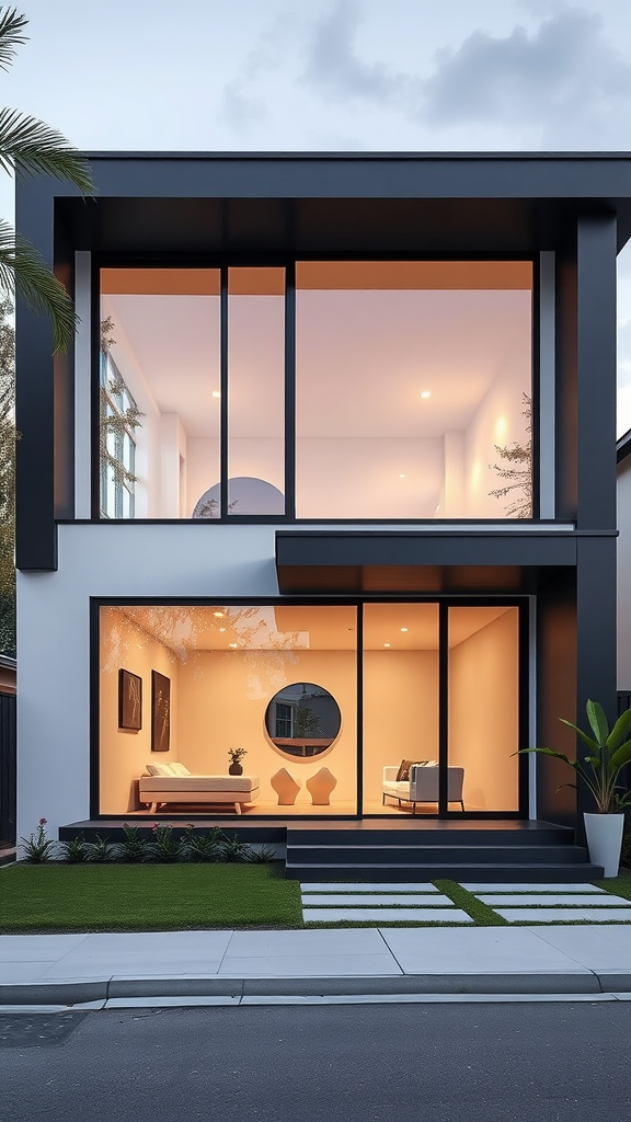 A modern minimalist house facade featuring large glass windows and geometric design elements.
