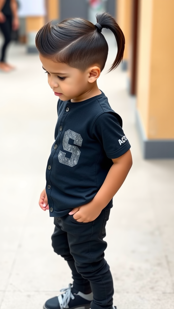 A young boy with a sleek ponytail, wearing a black shirt and pants.
