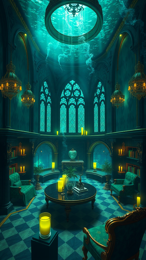 A magical Slytherin common room with underwater elements and soft lighting.