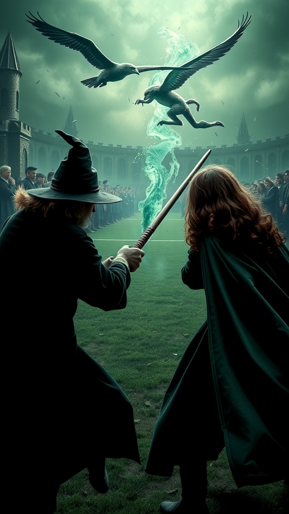 A duel between two wizards in a magical arena, with creatures flying in the background, symbolizing Slytherin House rivalries.