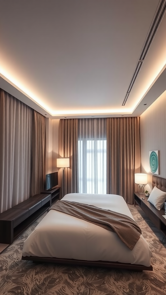 A modern bedroom featuring soft lighting, a cozy bed, and a minimalist design.
