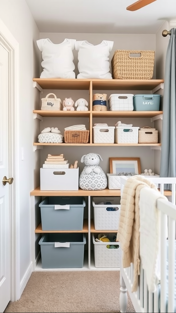 A well-organized nursery shelf with various storage bins and baskets, displaying soft pillows, toys, and baby essentials.
