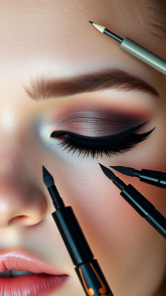 Close-up of a model's eye with smoky eyeliner and various eyeliner tools.