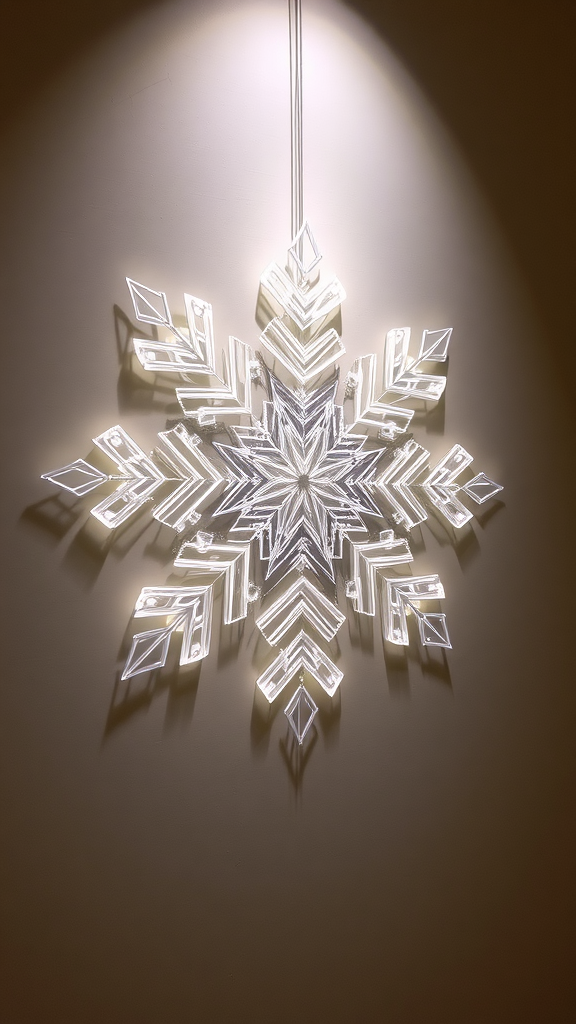 A beautifully illuminated snowflake string art piece hanging on a wall.