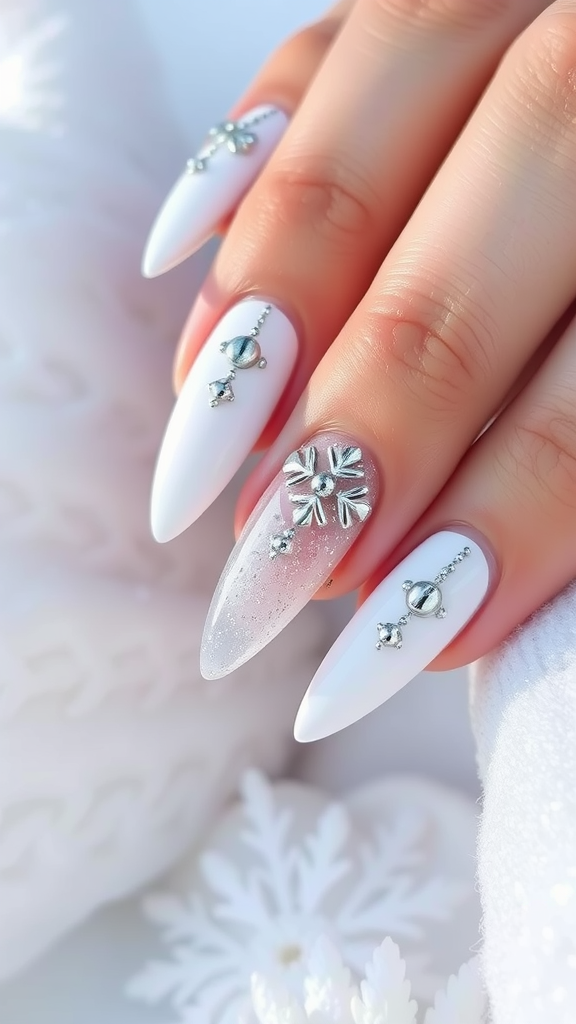 Nails with snowy white color and silver accents, featuring floral designs and glitter.