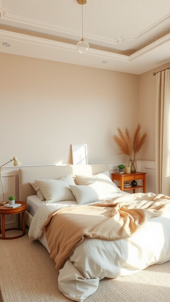 A cozy bedroom featuring soft beige tones with a neatly made bed, light curtains, and simple decor.