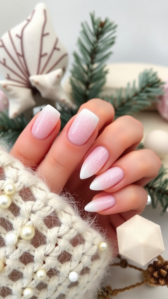 Nails painted in soft blush with frosted tips, surrounded by decorative elements.