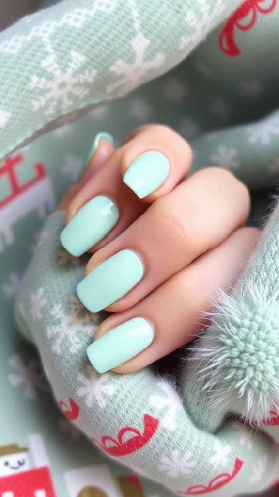 Close-up of mint-colored nails resting on a cozy, snowy-themed sweater.