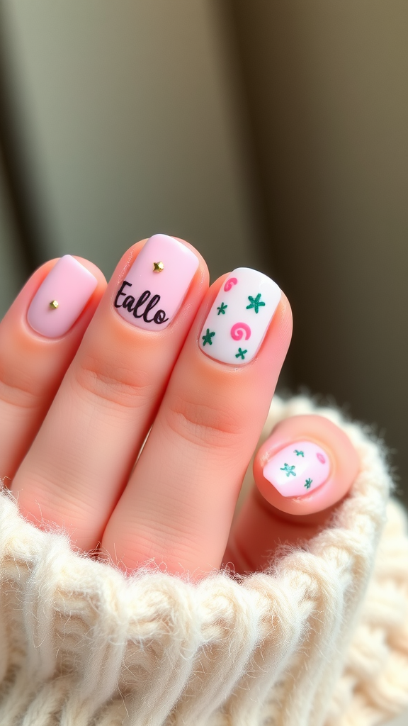 Close-up of pastel-colored nails with decorative patterns