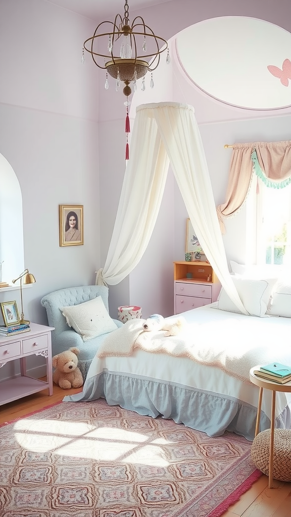 A pastel-themed bedroom with a cozy bed, soft drapery, and charming decor.