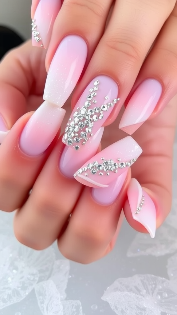 Nail design featuring soft pastel colors with silver glitter accents.