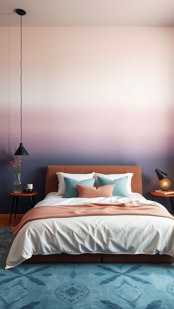 Sophisticated bedroom with a smooth color gradient wall transitioning from pink to purple.