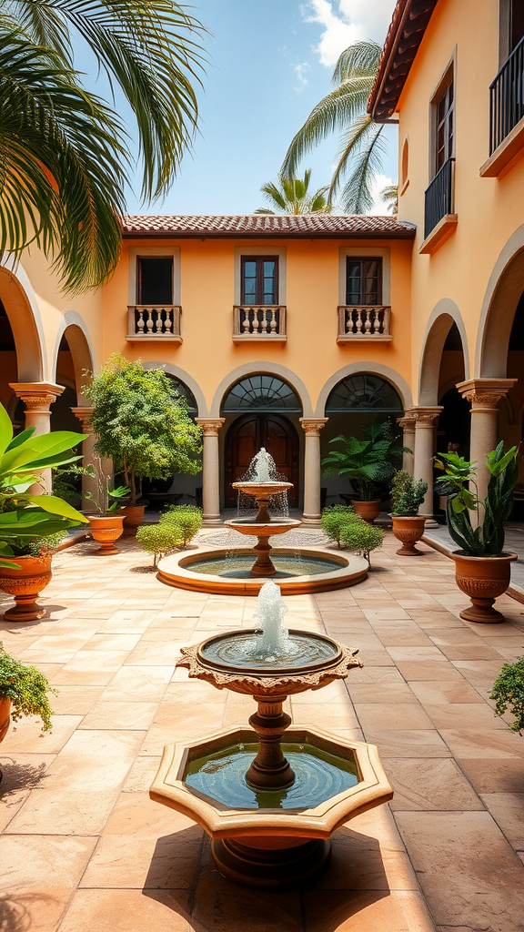 A sophisticated Mediterranean courtyard featuring fountains and lush greenery.