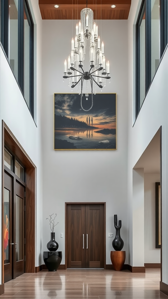 A spacious modern foyer featuring a chandelier, artwork, and stylish vases.