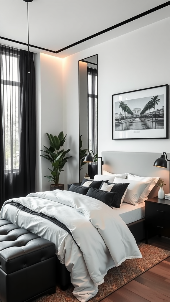 A modern bedroom featuring monochrome decor with a plush bed, black accent pillows, and a large mirror reflecting natural light.