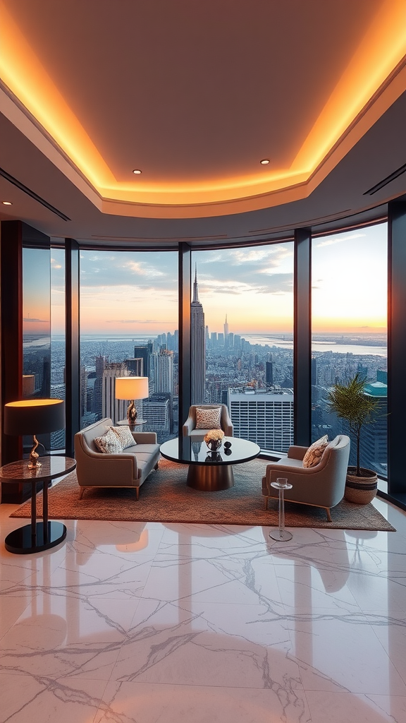 Sophisticated urban penthouse interior with city skyline view.