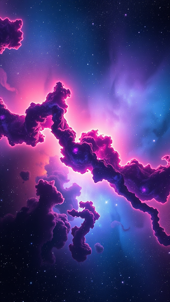 A vibrant space nebula featuring swirling clouds of gas and dust in shades of blue, purple, and pink