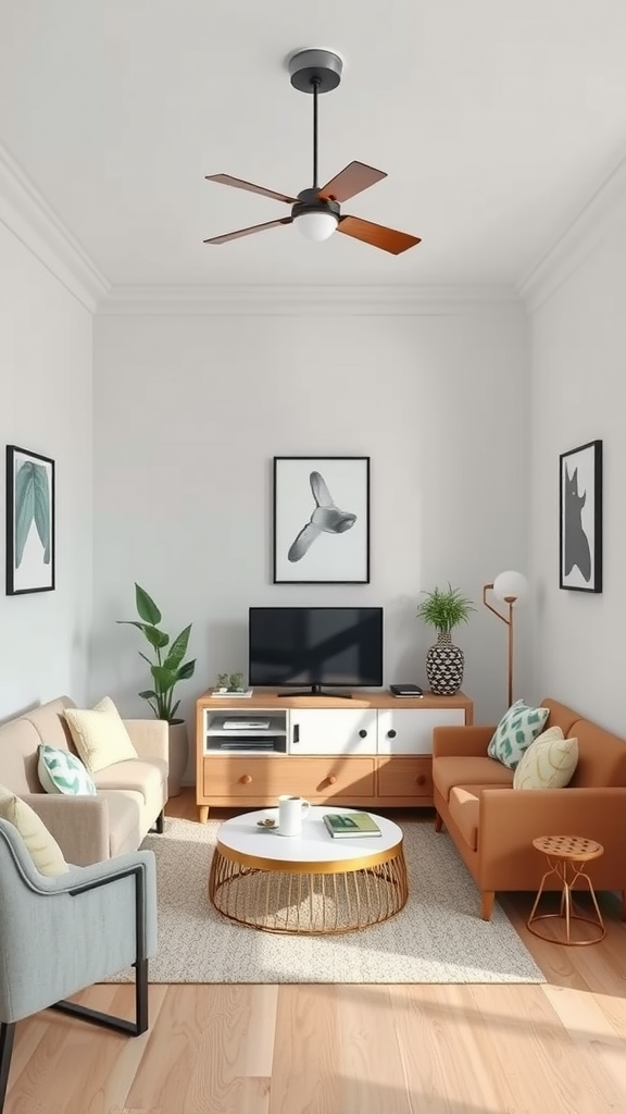 A stylish 12x14 living room with modern furniture and decor.