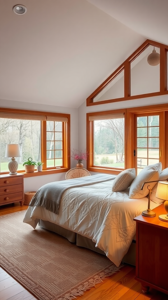 A bright and spacious bedroom featuring large windows, a cozy bed, and wooden furniture.