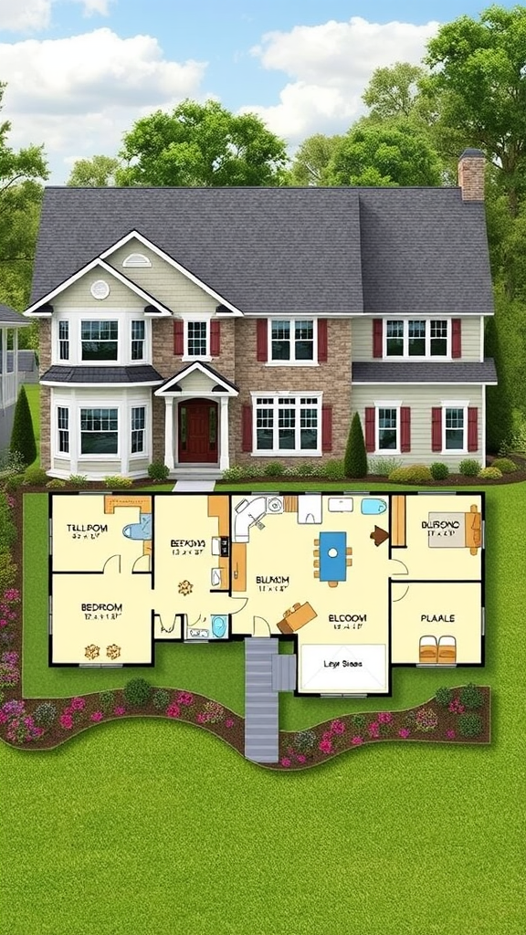 A spacious family home with a detailed floor plan showcasing multiple rooms and a landscaped yard.