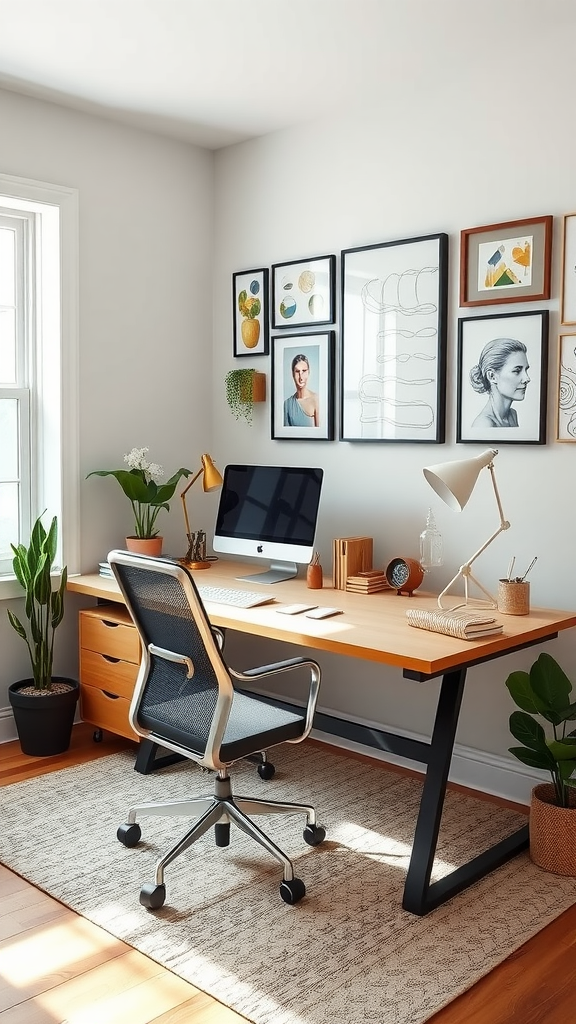 A bright and spacious home office with a desk, chair, computer, and decorative art on the walls.