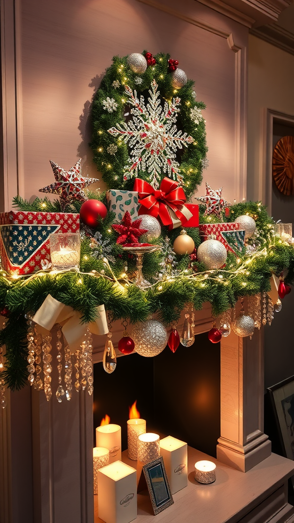 A beautifully decorated mantel with a Christmas wreath, ornaments, and candles.