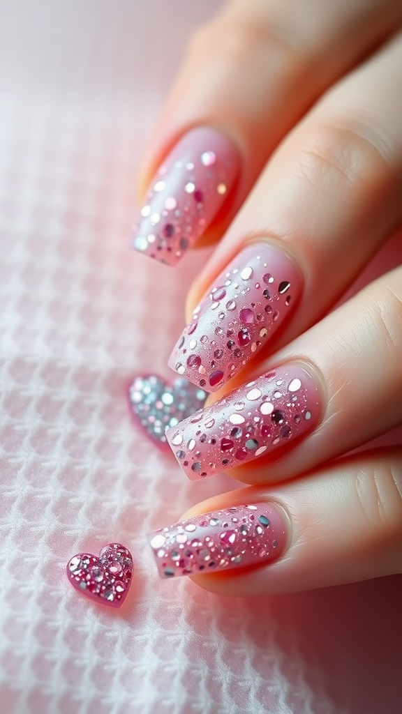 Close-up of nails with pink and sparkly glitter, featuring heart-shaped glitters.