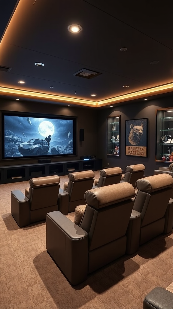 A luxurious home theater with comfortable seating and a large screen displaying a scenic night scene.