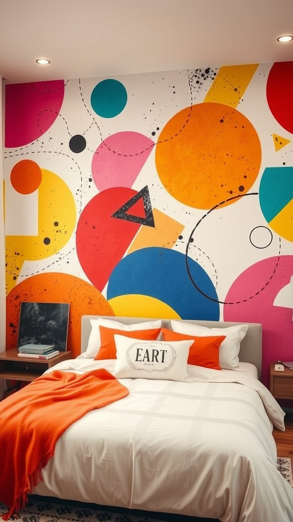 Colorful abstract wall mural in a bedroom with geometric shapes.