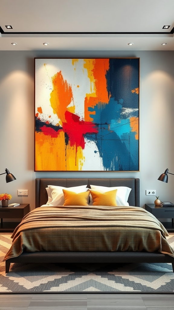 A stylish bedroom featuring a bold abstract painting with vibrant colors.
