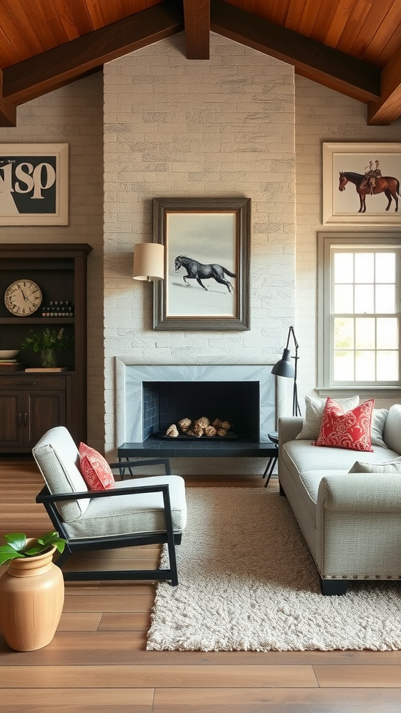 A stylish living room featuring a statement wall with artwork, a comfortable sofa, and a cozy atmosphere.