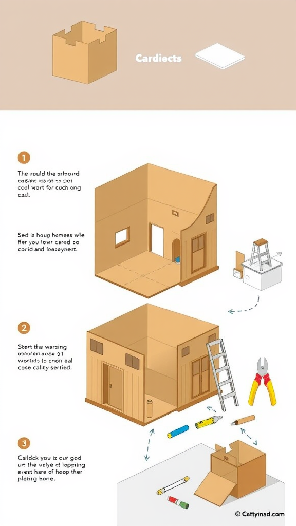 Step-by-step guide for building a cardboard home, featuring materials and layout.