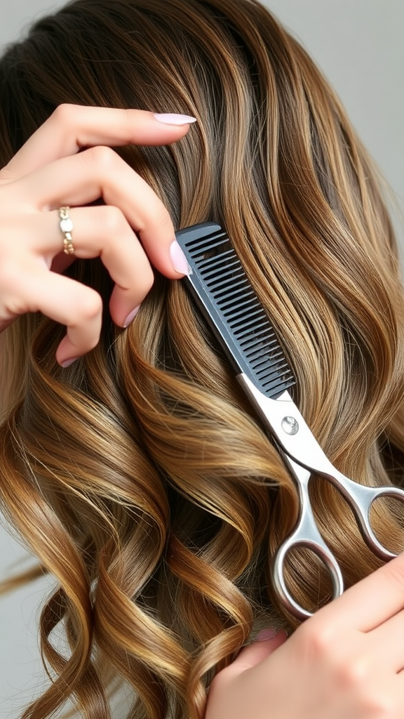 A close-up of hands holding scissors and a comb, styling layered hair.