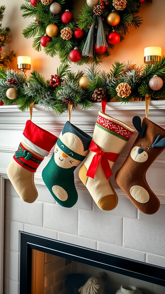 Colorful and playful Christmas stockings hanging on a mantle, decorated with a festive wreath.