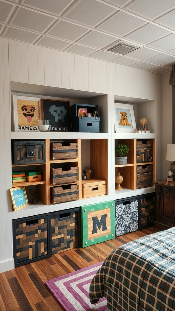 Creative storage chest arrangement with colorful boxes and framed art