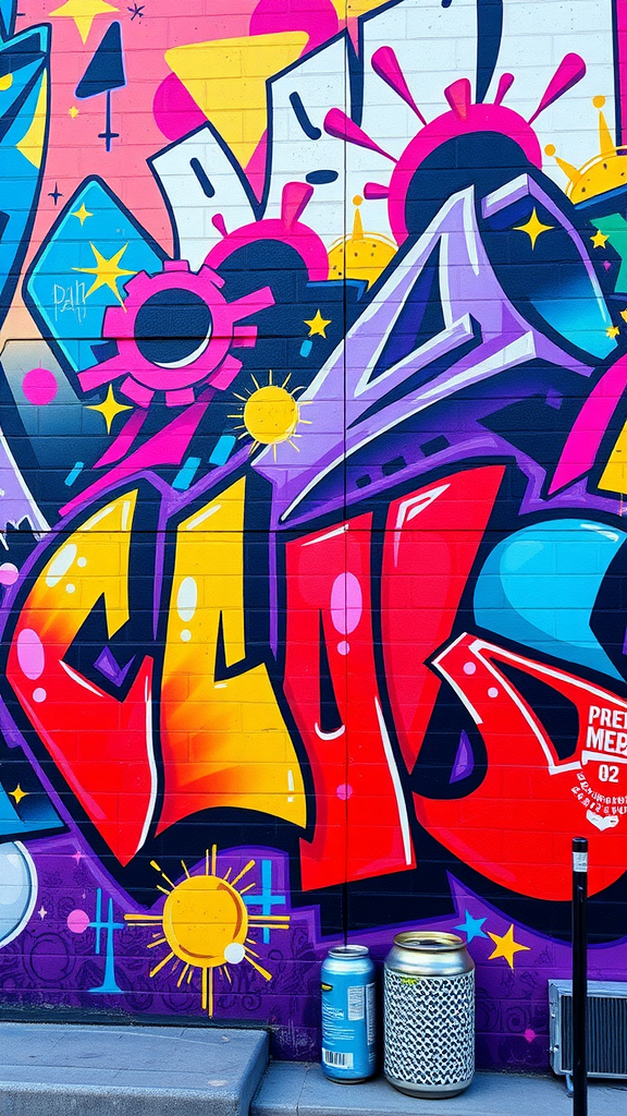 A colorful street art mural featuring bold letters and playful designs in pink, blue, yellow, and purple.