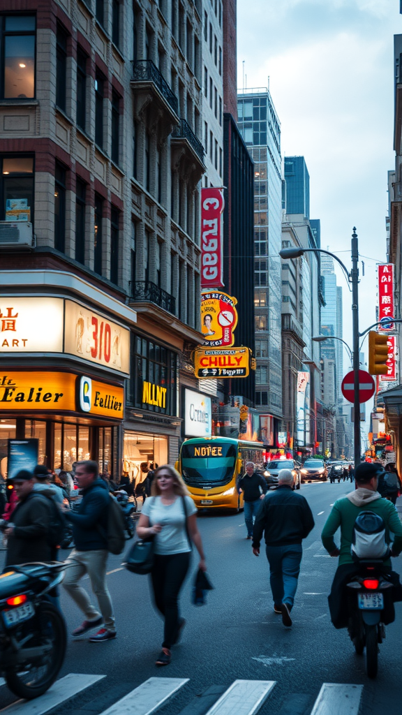 A busy urban street scene with pedestrians and vehicles during early evening.